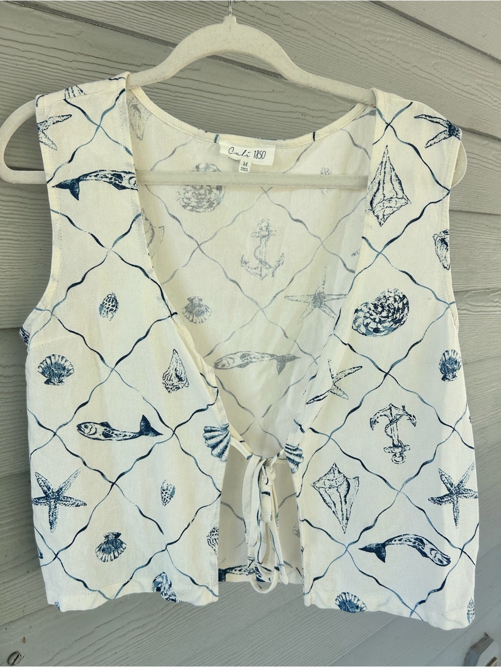 Cali 1850 Nautical Anchor Tie-Front Vest Top M White Blue V-Neck Linen Beach